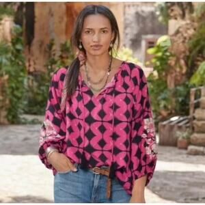 Sundance Womens Embroidered Boho Pink Long Sleeve Blouse Size L